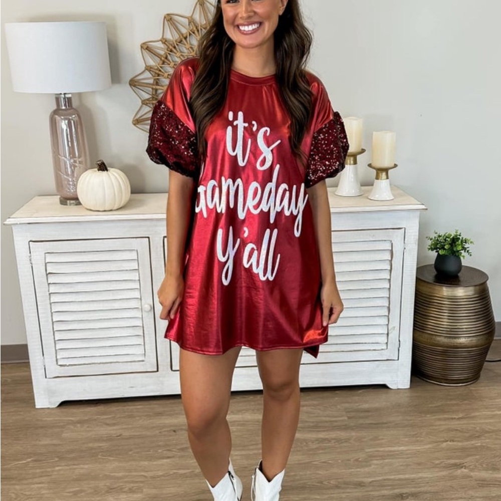 Red Sequin Sleeve Gameday Shirt Dress
